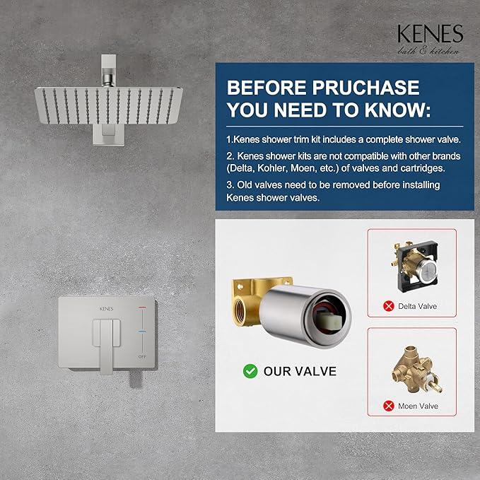 KENES Brushed Nickel 10-Inch Shower Head and Handle Set, Square Shower Faucet Set Bathroom Rainfall Shower System Wall Mount, KE-6024B (Shower Valve Included) - ModernBath