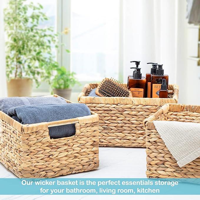 VATIMA Large Rectangular Wicker Basket with Wooden Handles for Shelves and Storage - Natural Water Hyacinth Basket for Organizing, 14.5 x 10.3 x 7.5 inches - ModernBath