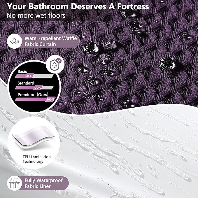 Luxury 3 in 1 Shower Curtain Set 3D Textured Waffle Weave Bathroom Curtain with Waterproof SGS Certified Fabric Liner & 12 Anti-Fall Stainless Steel Hooks, Machine Washable 72"x84" (Purple) - ModernBath
