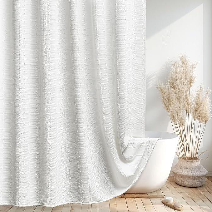 Lameirose Extra Long White Shower Curtain Boho, Cotton Blend Waffle Weave Stripe Textured Shower Curtain, Fabric Shower Curtains for Bathroom, Hotel,72 x 78 - ModernBath