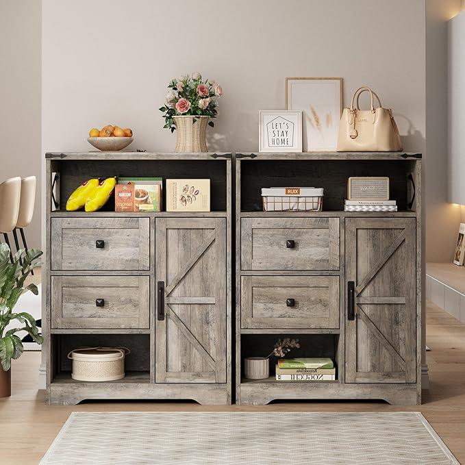 Fameill Farmhouse Storage Cabinet with 2 Drawers & Shelves,Freestanding Kitchen Cabinet with Doors,Floor Storage Organization for Living Room,Bathroom,Laundry,Grey - ModernBath