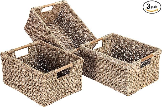 Large Wicker Basket Rectangular with Wooden Handles for Shelves, Seagrass Basket Storage, Natural Baskets for Organizing, Wicker Baskets for Storage - 3 Pack Large - ModernBath