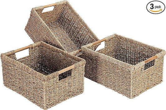 Large Wicker Basket Rectangular with Wooden Handles for Shelves, Seagrass Basket Storage, Natural Baskets for Organizing, Wicker Baskets for Storage - 3 Pack Large - ModernBath