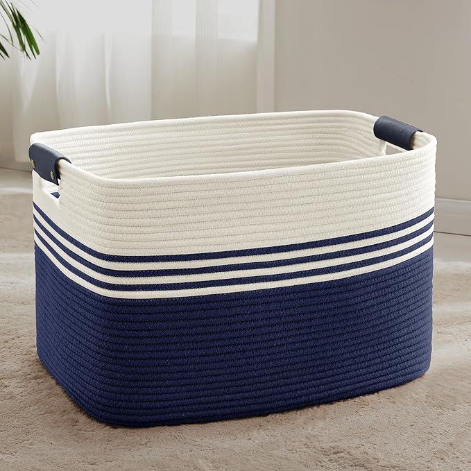 86L Extra Large Laundry Basket with Leather Handles for Living Room Storage, Woven Rope Baskets for Blanket, Kids Toy, Gifts, Wicker Hamper for Bedroom Dirty Clothes, 24"x16"x14" White Navy - ModernBath