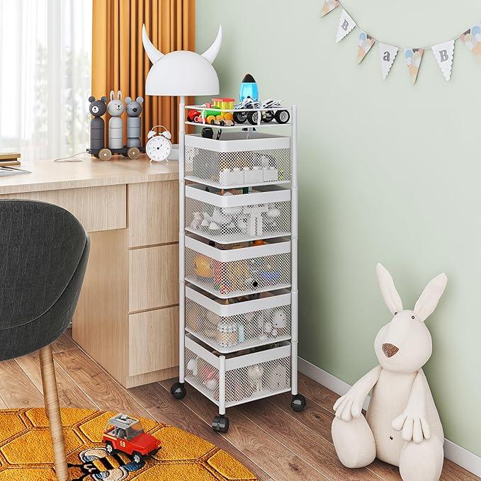 Fruit Basket for Kitchen No Assembly,Rotating Kitchen Storage Rack,Bathroom Shelf, Organizers and Storage Cart on Rolling Wheels，Potato and Onion Storage Organizer(White, 5 Tier-Square) - ModernBath