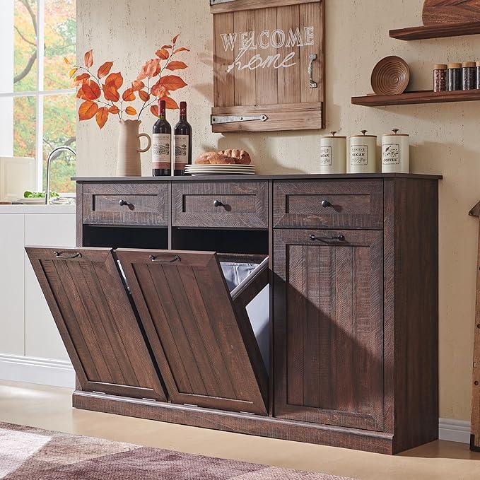 Triple Tilt Out Laundry Hamper Cabinet, 20 Gallon Farmhouse Trash Can Cabinet w/Drawer & Adjustable Shelf, Hidden Garbage Can Bin Cabinets w/Laundry Basket for Bathroom, Kitchen (Brown) - ModernBath