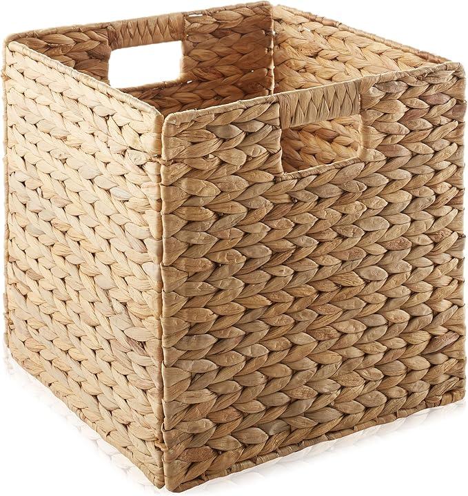 Casafield 12" x 12" Water Hyacinth Storage Baskets, Natural - Set of 6 Collapsible Cube Organizers, Woven Bins for Bathroom, Bedroom, Laundry, Pantry, Shelves - ModernBath