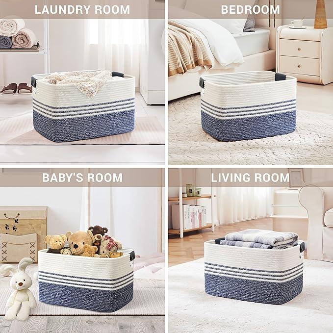 72L Large Laundry Basket with Leather Handles for Living Room Storage, Woven Rope Baskets Bin for Blanket, Kids Toy, Gifts, Wicker Hamper for Bedroom Dirty Clothes, 22"x17"x12" Denim Blue - ModernBath