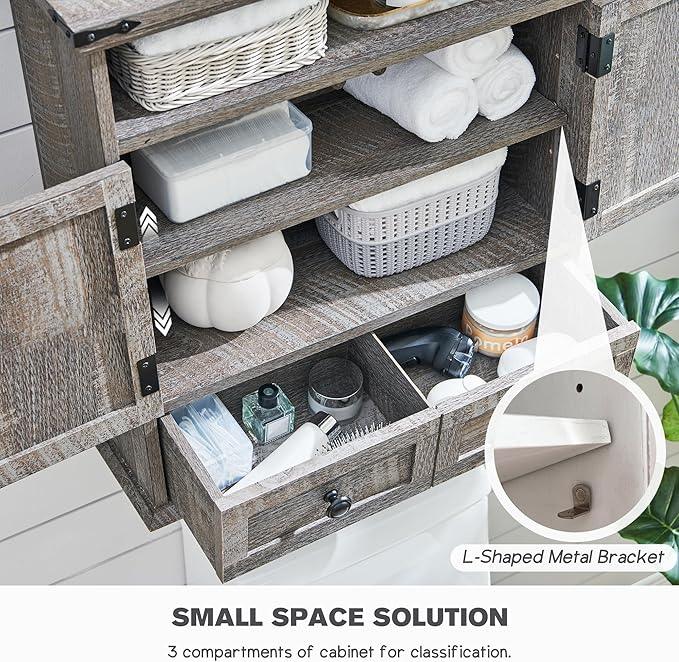 ACCOHOHO Bathroom Wall Cabinet, Farmhouse Medicine Cabinet, 24" Wide Cabinet with Drawer, Adjustable Shelf, Double Barn Doors, Storage Cabinet for Bathroom, Kitchen, Living Room, Grey Wash - ModernBath