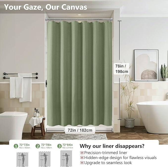 VANZAVANZU Luxury 3 in 1 Shower Curtain Set 3D Textured Waffle Weave Bathroom Curtain with Waterproof SGS Certified Fabric Liner & 12 Anti-Fall Stainless Steel Hooks, Machine Washable 72"x78" (Green) - ModernBath