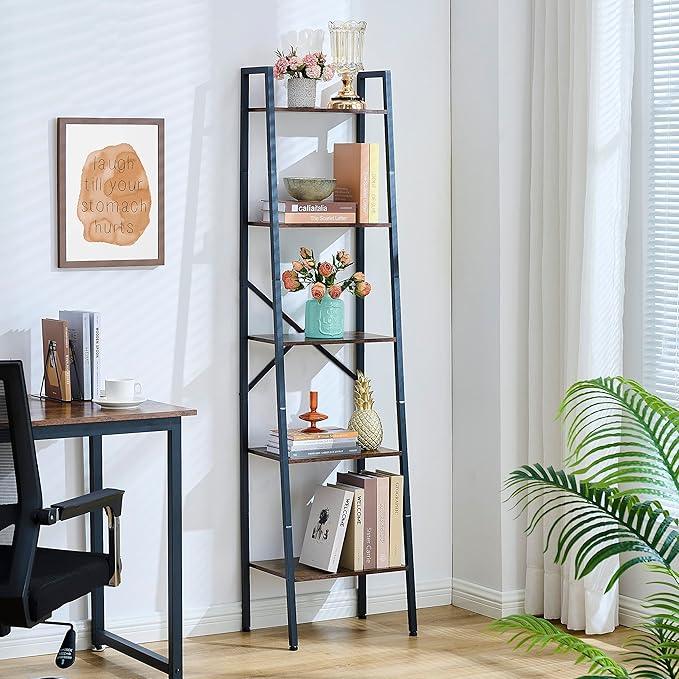 Hoctieon Industrial Ladder Bookshelf, Multifunctional Ladder Shelf, 5-Tier Tall Bookshelf, Open Ladder Shelf Bookcase, for Living Room, Home Office, Kitchen, Bedroom, Metal Frame, Rustic Brown - ModernBath