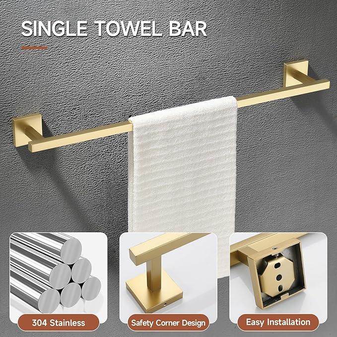 TQKAG 5-Piece Bathroom Accessories Set Brushed Gold Bathroom Hardware Set SUS304 Stainless Steel Classic Wall Mounted Towel Bar Sets 23.6" Towel Rack for Bathroom, Brushed Gold - ModernBath