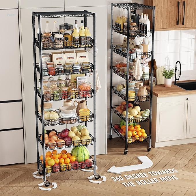 7 Tier Wire Shelving Unit with Wheels 72" H Adjustable Basket Shelf Storage Shelves with Hooks for Kitchen Bathroom Garage Closet Laundry Room Organization 72" H x 24" W x 14" D, Black - ModernBath