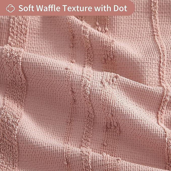 Lameirose Pink Shower Curtain Boho, Cotton Blend Waffle Shower Curtain Textured, Fabric Shower Curtains for Bathroom, Washable 72 x 72 - ModernBath