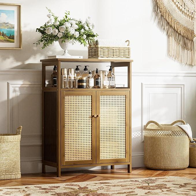HITNET Rattan Bathroom Floor Cabinet, Freestanding Bamboo Storage Cupboard with 2 Doors, Living Room Sideboard, Space Saving, Walnut - ModernBath