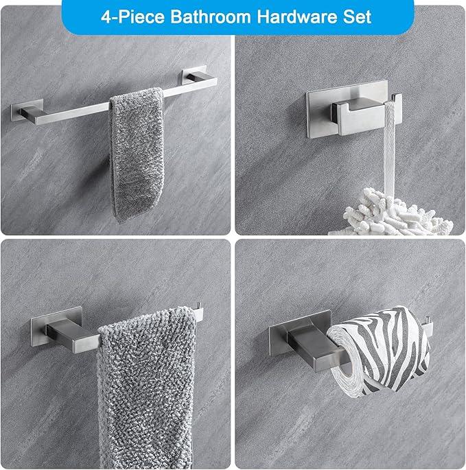 4-Pieces Bathroom Hardware Accessories Set, Towel Rack Towel Bar Toilet Paper Holder Towel Hook Self Adhesive Stainless Steel Towel Rack Set for Bathroom Wall Mounted, Brushed Nickel, 23 Inch - ModernBath