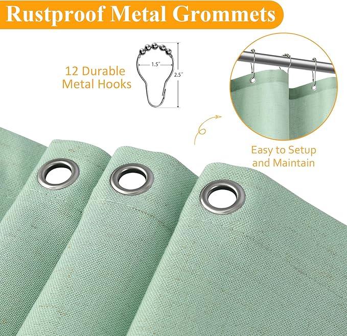 Naturoom Aqua Green Linen Shower Curtain, Country Boho Farmhouse Bath Decor Shower Curtains Neutral Cloth Weighted Textured Fabric Bath Curtain Liner with Hooks, 72x80 - ModernBath