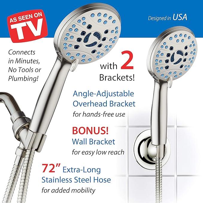 Hotel Spa AquaCare High Pressure 8-mode Handheld Shower Head - Anti-clog Nozzles, Built-in Power Wash to Clean Tub, Tile & Pets, Extra Long 6 ft. Hose, Wall & Overhead Brackets - 1.8 GPM - ModernBath