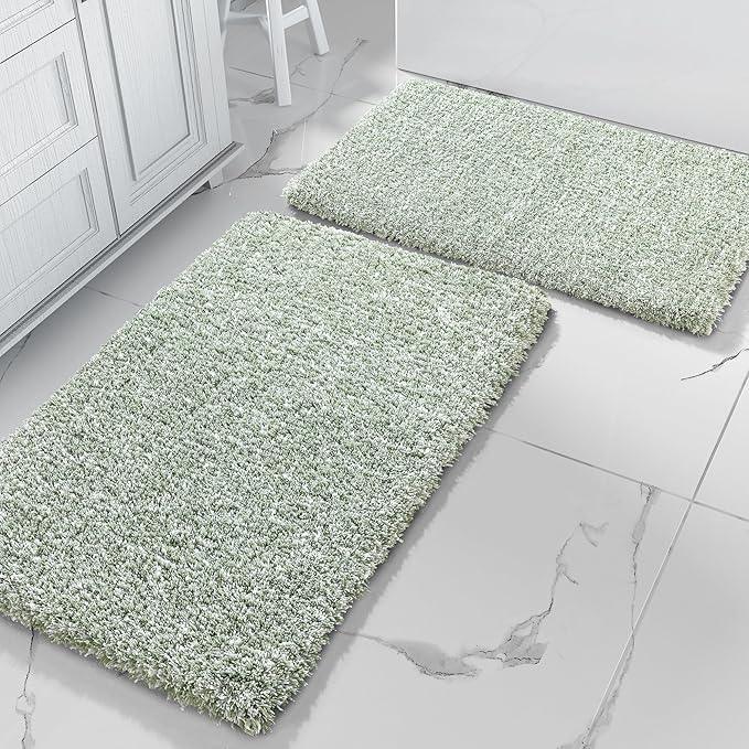 Yimobra Bathroom Rug Set 2 Piece, Soft Absorbent Microfiber Bath Mat Set, Non Slip Machine Washable Dry, Plush Shaggy Shower Rugs for Bathroom Floor, 32"x20"+24"x17", Light Green and White - ModernBath