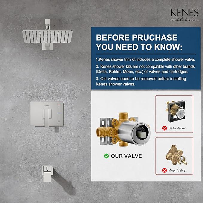 KENES Brushed Nickel Tub Shower Faucet Set Complete, Tub and Shower Trim Kit with 10-Inch Rain Shower Head, Square Shower System, KE-6024A (Shower Valve Included) - ModernBath