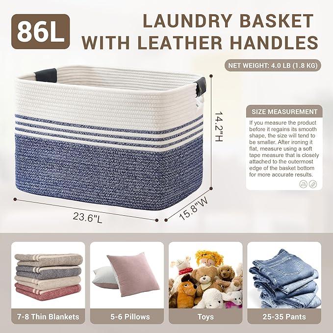 86L Extra Large Laundry Basket with Leather Handles for Living Room Storage, Woven Rope Baskets for Blanket, Kids Toy, Gifts, Wicker Hamper for Bedroom Dirty Clothes, 24"x16"x14" Denim Blue - ModernBath