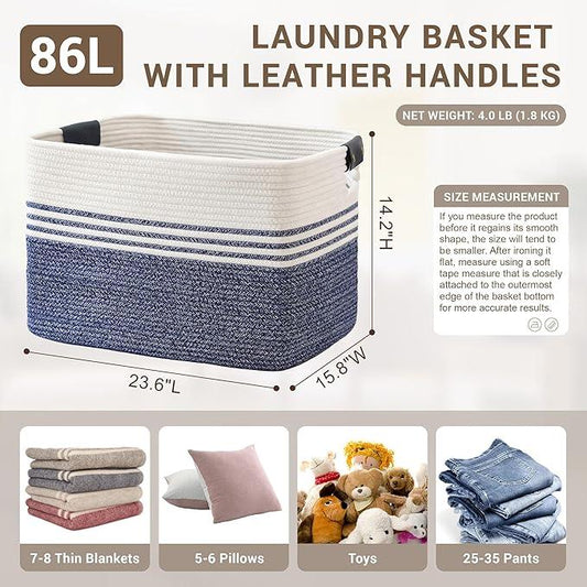 86L Extra Large Laundry Basket with Leather Handles for Living Room Storage, Woven Rope Baskets for Blanket, Kids Toy, Gifts, Wicker Hamper for Bedroom Dirty Clothes, 24"x16"x14" Denim Blue - ModernBath