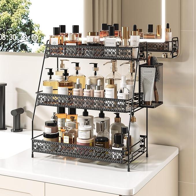 SILUB Vintage 3 Tier Spice Rack Organizer for Kitchen Counter, Bathroom Counter Organizer with Bonus Basket, 3 Tier Bathroom Counter Organizer for Spices Makeup Perfumes, Retro Countertop Organizer - ModernBath