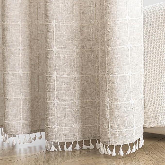 Farmhouse Shower Curtain with Snap-in Liner, No Hooks Needed,Boho Fabric Shower Curtains with Tassels for Rustic Neutral Bathroom Decor,with Magnets,Water Repellent&Machine Washable,Linen,71x74Inch - ModernBath
