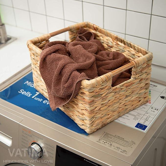 Large Wicker Basket Rectangular with Wooden Handles for Shelves, Water Hyacinth Basket Storage, Natural Baskets for Organizing, Wicker Baskets for Storage 14.5 x 10.3 x 7.5 inches - 3 Pack - ModernBath