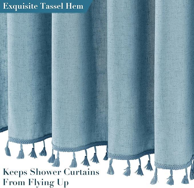 Nanspring Blue Boho Linen Shower Curtain 72 Inch Fabric Textured Elegant Shower Curtain Set with Hooks Simple Aesthetic Bathroom Decor with Hooks Vintage Cottage Bath Curtain for Bathroom 72x72 - ModernBath