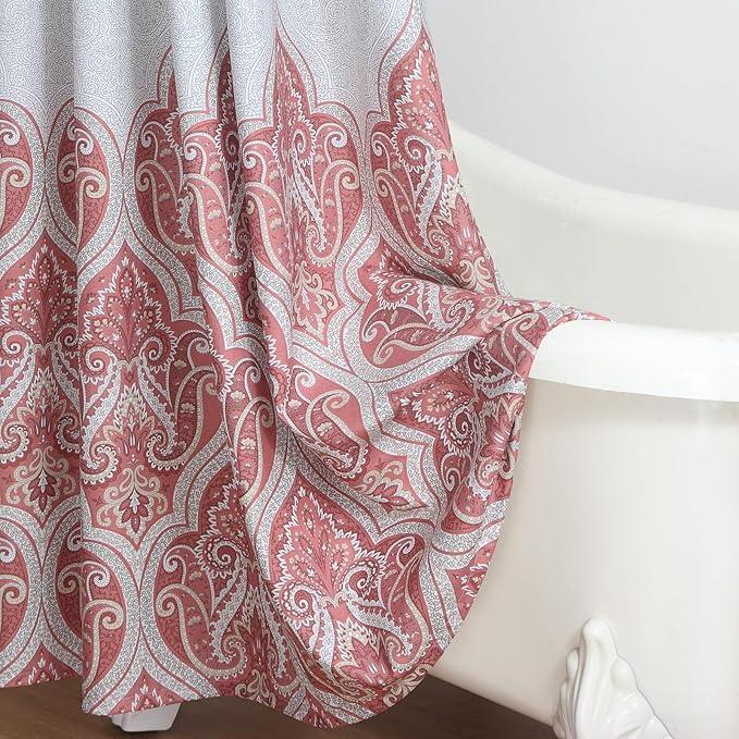 BESTRIPES 90 Inch Paisley Shower Curtain, Extra Long Water Repellent Fabric with Terracotta & Gray Bohemian Print, 12 Metal Grommets & Weighted Hem, 72x90 Inches - ModernBath