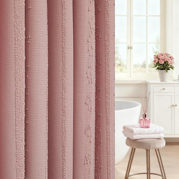 Lameirose Pink Shower Curtain Boho, Cotton Blend Waffle Shower Curtain Textured, Fabric Shower Curtains for Bathroom, Washable 72 x 72 - ModernBath