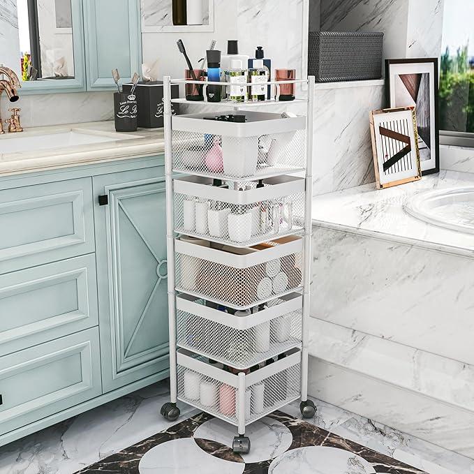 Fruit Basket for Kitchen No Assembly,Rotating Kitchen Storage Rack,Bathroom Shelf, Organizers and Storage Cart on Rolling Wheels，Potato and Onion Storage Organizer(White, 5 Tier-Square) - ModernBath