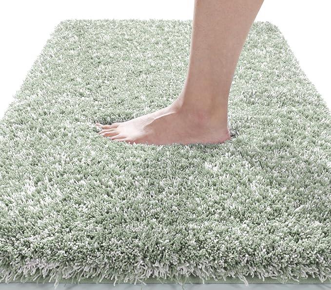 Yimobra Luxury Bathroom Rugs, Fluffy Bath Mats, Non Slip, Water Absorbent Microfiber, Machine Washable, Plush Runner Shower Rugs, Thick Matts for Bathroom Floor&Tub, 47"x 24", Light Green and White - ModernBath
