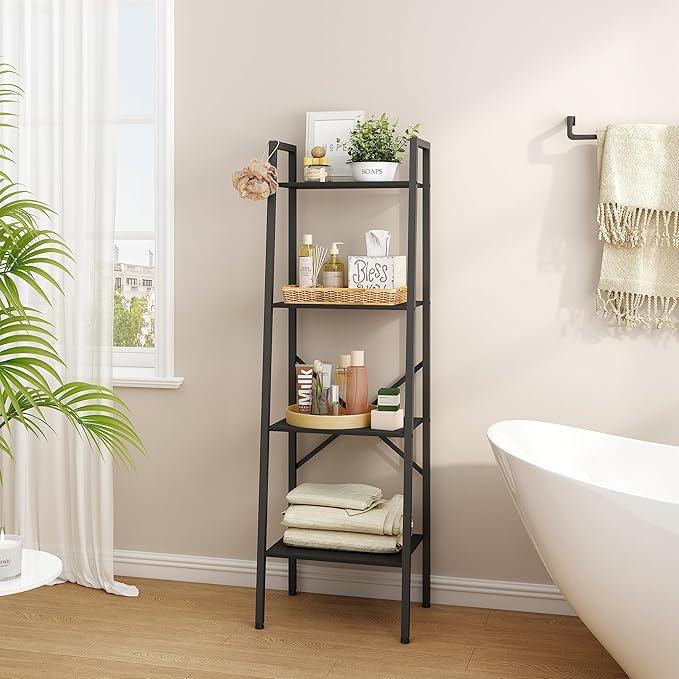 Hoctieon 4-Tier Industrial Ladder Bookshelf, Narrow Ladder Shelf, Tall Standing Bookshelf, Skinny Open Ladder Shelf, for Living Room, Home Office, Kitchen, Bedroom, Metal Frame, Black - ModernBath