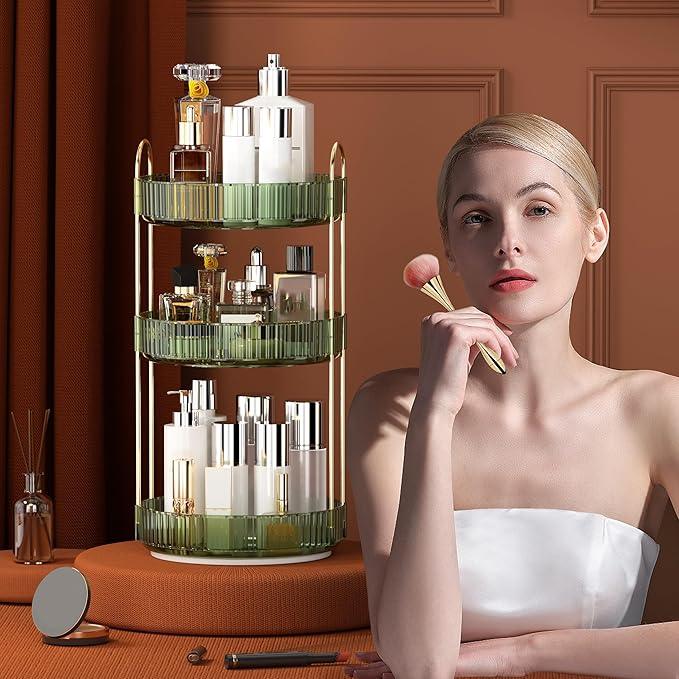 YCIA&DONE 360 Rotating Makeup Organizer and Storage for Vanity Countertop 3 Tiers, High Capacity Cosmetic Skincare Perfume Organizers for Dresser Bathroom Lazy Susan (Vintage Green) - ModernBath