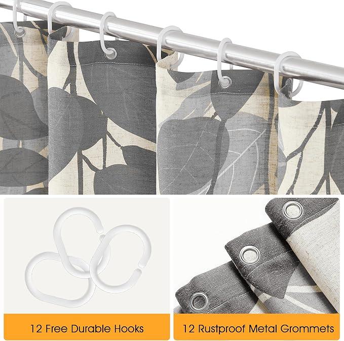 BOODII Linen Shower Curtain for Bathroom Gray/Grey Eucalyptus Leaves Shower Curtain Set with Hooks Watercolor Floral Plant Leaf for Bath Natural Waterproof Fabric Bathroom Decor, 72x72 - ModernBath