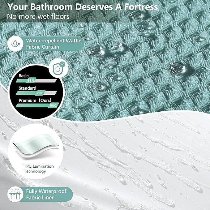Luxury 3 in 1 Shower Curtain Set 3D Textured Waffle Weave Bathroom Curtain with Waterproof SGS Certified Fabric Liner & 12 Anti-Fall Stainless Steel Hooks, Machine Washable 72"x78" (Turquoise) - ModernBath