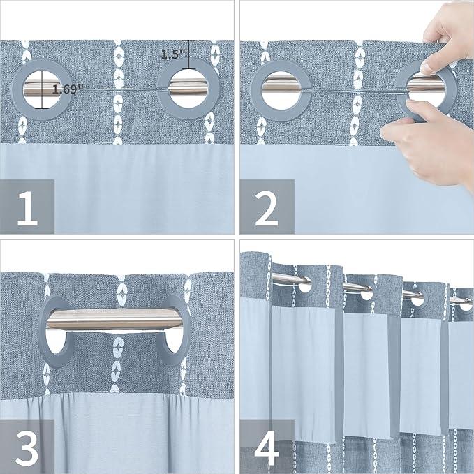 eachope No Hook Stall Shower Curtain with Snap-in Fabric Liner - 54x80 Heavy-Duty Linen Textured Striped Design,Narrow Rustic Modern Farmhouse Bohemian Bathroom Curtain,Water-Repellent,Blue - ModernBath