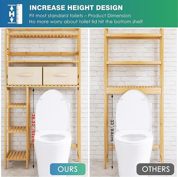 SMIBUY Over The Toilet Storage, Bamboo 6-Tier Bathroom Storage Shelf with Drawers, Freestanding Above Toilet Organizer Rack, Mass-Storage, Space Saver for Small Room (Natural) - ModernBath