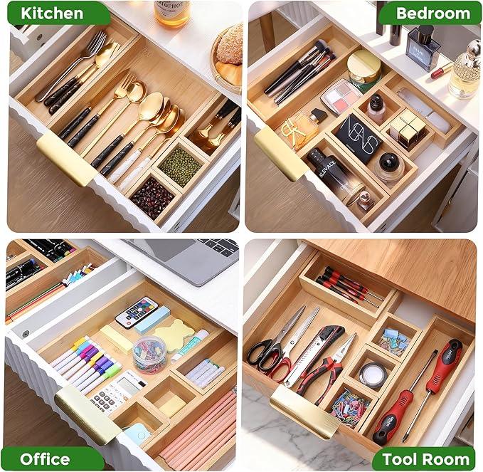 Bamboo Drawer Organizer Set, 14 PCS Multi-Use Individual Wood Storage Organizers, Junk Drawer Divider and Storage Trays Containers for Kitchen, Bathroom, Office Desk, Makeup, Jewelry, Utensils - ModernBath