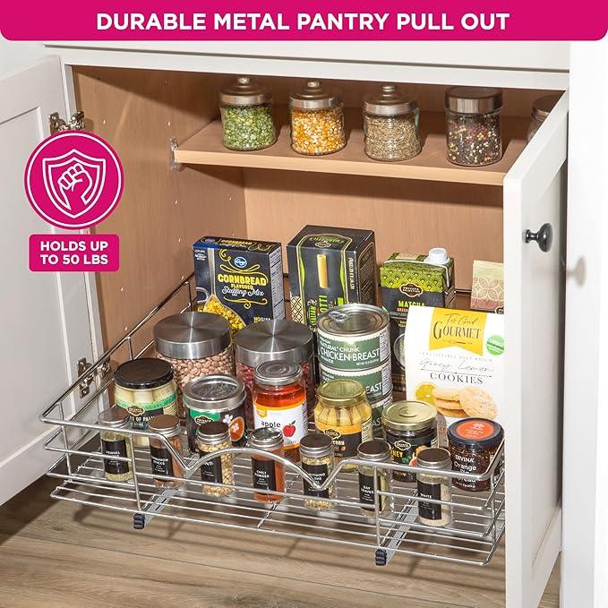 HOLDN’ STORAGE Heavy-Duty Premium Collection Pull Out Cabinet Organizer, Cabinet Drawer Slide Outs, Lifetime Limited Warranty - Basket Size 28" W x 21" D x 5" H, Anti-Rust Chrome Finish - ModernBath