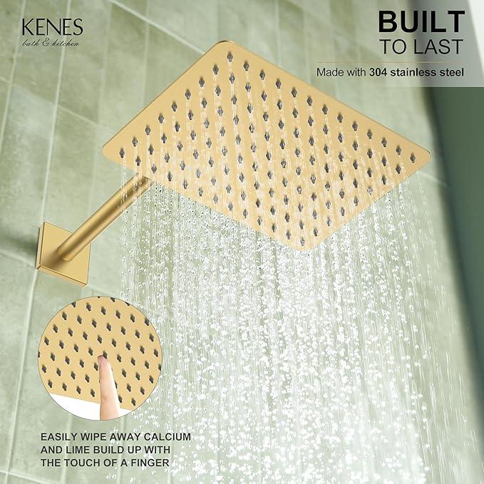 KENES Brushed Gold Rainfall Bathroom Shower System Rain Shower Head and Handle Set, Shower Faucet Set with 10-Inch Rain Showerhead and Handheld Spray, (Shower Valve Included), LJ-6026A-4 - ModernBath