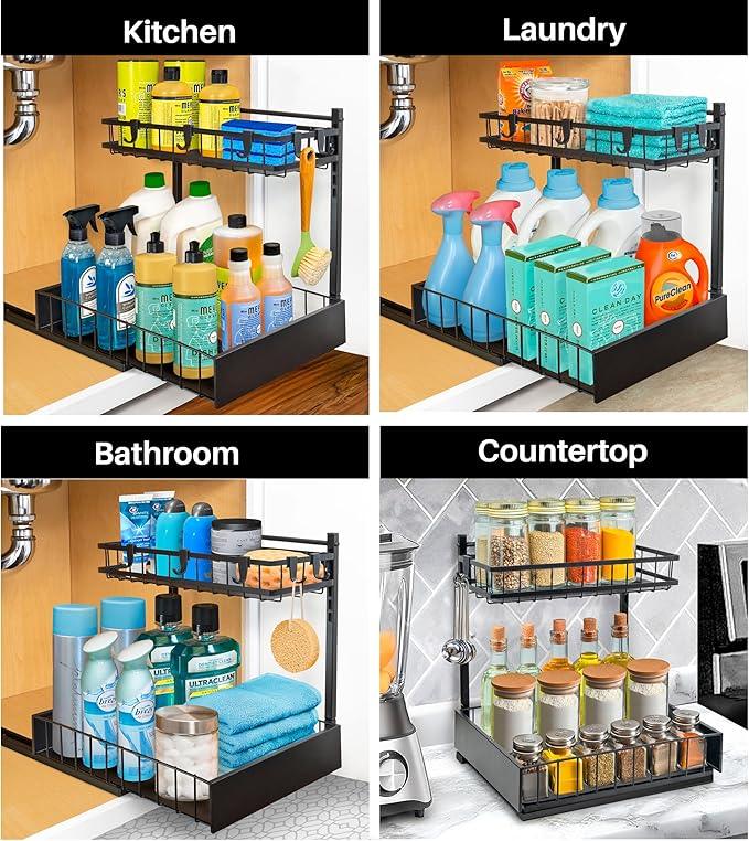 LYNK PROFESSIONAL® Pull Out Under Sink Kitchen Cabinet Organizer - 10" W x 14" D 2-Tier Drawer - Sliding Shelf Organizer for Cabinets and Undersink Storage Shelves - Lifetime Ltd. Warranty – Black - ModernBath