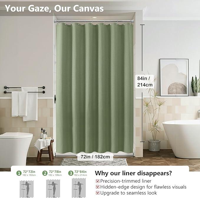VANZAVANZU Luxury 3 in 1 Shower Curtain Set 3D Textured Waffle Weave Bathroom Curtain with Waterproof SGS Certified Fabric Liner & 12 Anti-Fall Stainless Steel Hooks, Machine Washable 72"x84" (Green) - ModernBath