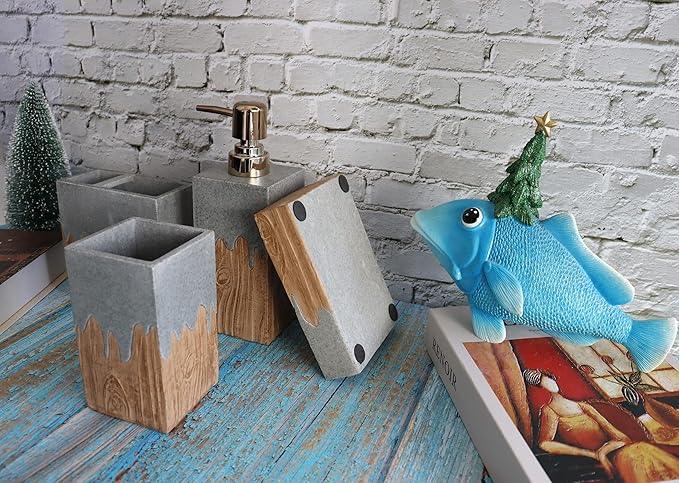 Hymmah Bathroom Accessories Set,Wooden Design Toothbrush Holder,Farmhouse Bathroom Decor,4 Pcs Resin Gift Set Apartment Necessities, Contain Toothbrush Cup,Soap Dispenser,Soap Dish,Tumbler - ModernBath