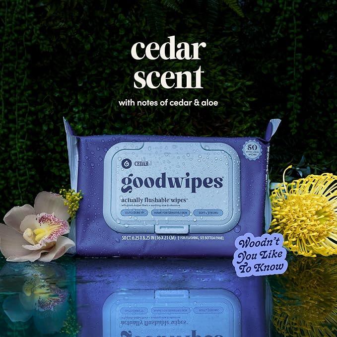 goodwipes Flushable Butt Wipes - Vitamin E & Aloe - Sewer & Septic Safe - Extra Large Adult Wet Wipes For Women & Men - Bathroom Essentials - Cedar, 153 Count (3 Packs + 3 Individually Wrapped) - ModernBath