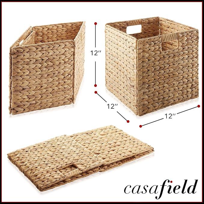 Casafield 12" x 12" Water Hyacinth Storage Baskets, Natural - Set of 6 Collapsible Cube Organizers, Woven Bins for Bathroom, Bedroom, Laundry, Pantry, Shelves - ModernBath