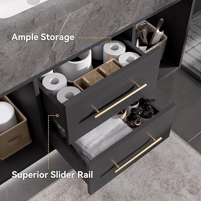 homary 35.4" Bathroom Vanity Set, Modern Wall-Mounted Vanity Bathroom Floating Medicine Cabinet with Sintered Stone Countertop, Undermount Sink & Black, 2 Open Storage Shelves - ModernBath