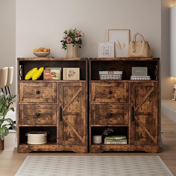 Fameill Farmhouse Storage Cabinet with 2 Drawers & Shelves,Freestanding Kitchen Cabinet with Doors,Floor Storage Organization for Living Room,Bathroom,Laundry,Brown - ModernBath
